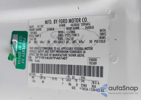 2007 Ford Ranger Sport/Stx/Xl/Xlt z USA, uszkodzony, nr VIN 1FTYR14U67PA67487